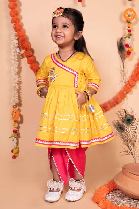 Toplove_Yellow Cotton, Silk, Taffeta Beads Krishna Embroidered Kurta Set _Online_at_Aza_Fashions
