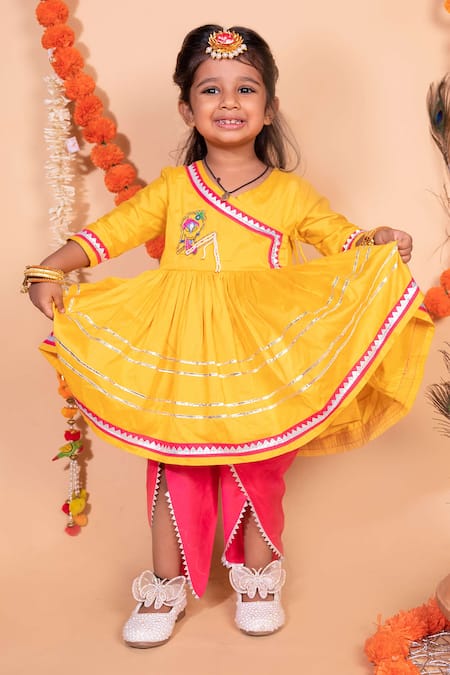 Buy_Toplove_Yellow Cotton, Silk, Taffeta Beads Krishna Embroidered Kurta Set _Online_at_Aza_Fashions