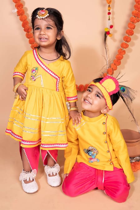 Shop_Toplove_Yellow Cotton, Silk, Taffeta Beads Krishna Embroidered Kurta Set _Online_at_Aza_Fashions