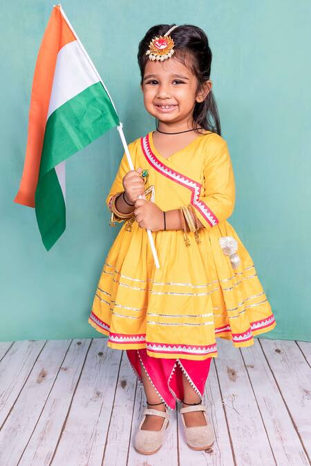 Toplove_Yellow Cotton, Silk, Taffeta Beads Krishna Embroidered Kurta Set _at_Aza_Fashions