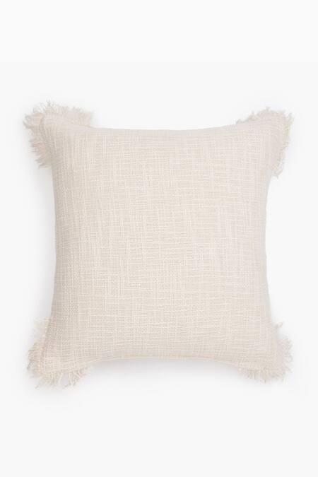 Throwpillow White Blend Of Cotton And Polyester Fringe Neutral Cushion Cover at Aza Fashions Throwpillow_White Blend Of Cotton And Polyester Fringe Neutral Cushion Cover_at_Aza_Fashions