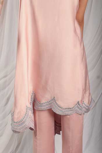 HOUSE OF TA-YA_Peach Modal, Satin Embroidery One Shoulder Border Kurta And Pant Set _Online_at_Aza_Fashions