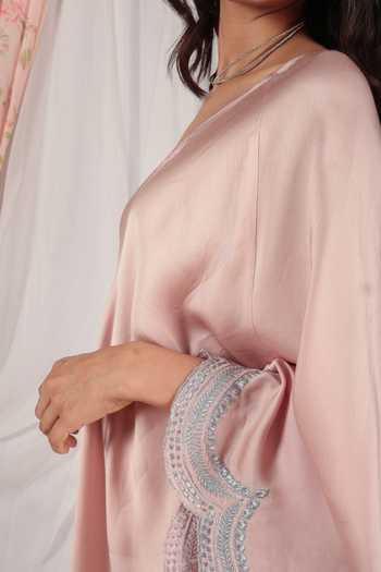Buy_HOUSE OF TA-YA_Peach Modal, Satin Embroidery One Shoulder Border Kurta And Pant Set _Online_at_Aza_Fashions