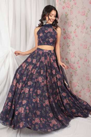 HOUSE OF TA-YA_Purple Chanderi, Net Embroidery, Sequins Halter Floral Print Blouse Lehenga Set _Online_at_Aza_Fashions