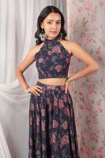 Buy_HOUSE OF TA-YA_Purple Chanderi, Net Embroidery, Sequins Halter Floral Print Blouse Lehenga Set _Online_at_Aza_Fashions