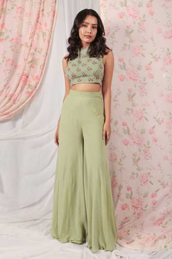 HOUSE OF TA-YA_Green Georgette Halter Neck Floral Print Jacket Flared Pant Set _Online_at_Aza_Fashions
