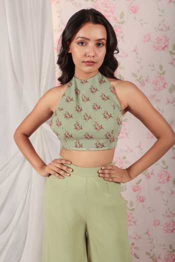 Buy_HOUSE OF TA-YA_Green Georgette Halter Neck Floral Print Jacket Flared Pant Set _Online_at_Aza_Fashions