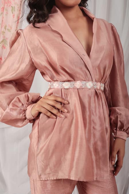 House Of TA-YA_Pink Chanderi Pearls, Embroidery Shawl Neck Puffed Sleeve Jacket And Pant Set _Online_at_Aza_Fashions