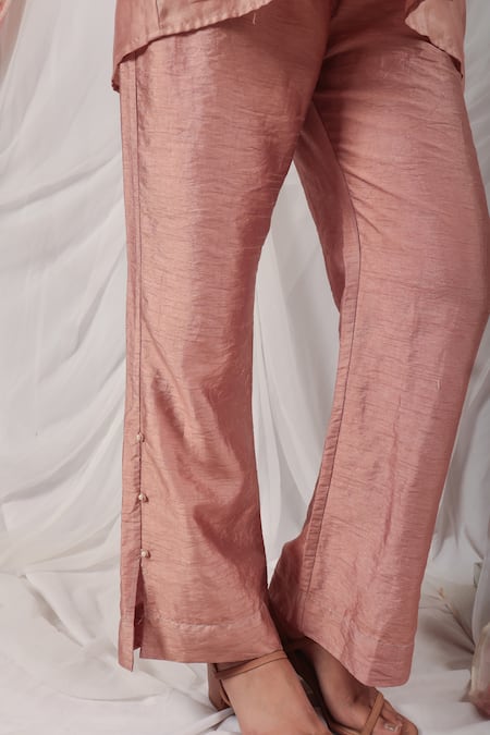 Buy_House Of TA-YA_Pink Chanderi Pearls, Embroidery Shawl Neck Puffed Sleeve Jacket And Pant Set _Online_at_Aza_Fashions