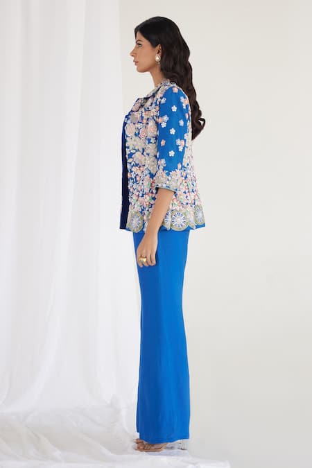 Buy_Koashee By Shubitaa_Blue Silk Embroidery, Sequins Collared Resham Jacket Pant Set _Online_at_Aza_Fashions