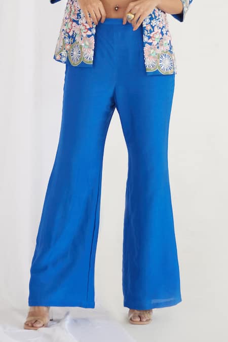 Shop_Koashee By Shubitaa_Blue Silk Embroidery, Sequins Collared Resham Jacket Pant Set _Online_at_Aza_Fashions