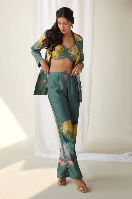 Buy Koashee By Shubitaa Green Silk Embroidery Collared Floral Printed Pant Set Online at Aza Fashions Buy_Koashee By Shubitaa_Green Silk Embroidery Collared Floral Printed Pant Set _Online_at_Aza_Fashions