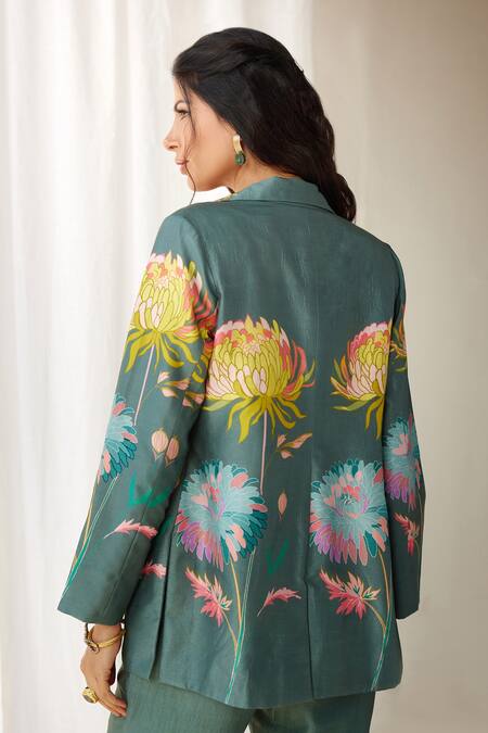 Shop Koashee By Shubitaa Green Silk Embroidery Collared Floral Printed Pant Set Online at Aza Fashions Shop_Koashee By Shubitaa_Green Silk Embroidery Collared Floral Printed Pant Set _Online_at_Aza_Fashions