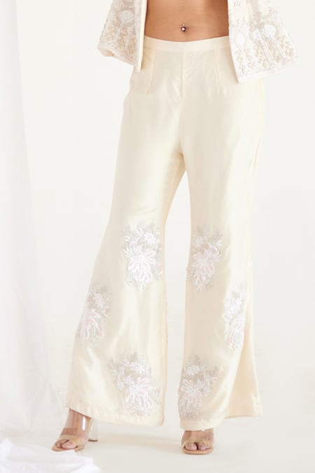Koashee By Shubitaa_White Silk Embroidery, Sequins Collared Floral Jacket Pant Set _at_Aza_Fashions