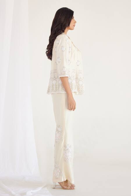 Buy_Koashee By Shubitaa_White Silk Embroidery, Sequins Collared Floral Jacket Pant Set _Online_at_Aza_Fashions