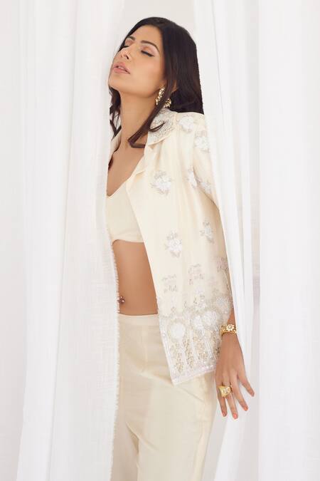 Shop_Koashee By Shubitaa_White Silk Embroidery, Sequins Collared Floral Jacket Pant Set _Online_at_Aza_Fashions