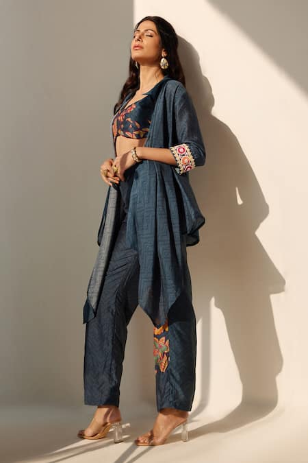 Koashee By Shubitaa_Blue Silk Embroidery Shawl Neck Printed Floral Pant Set _Online_at_Aza_Fashions