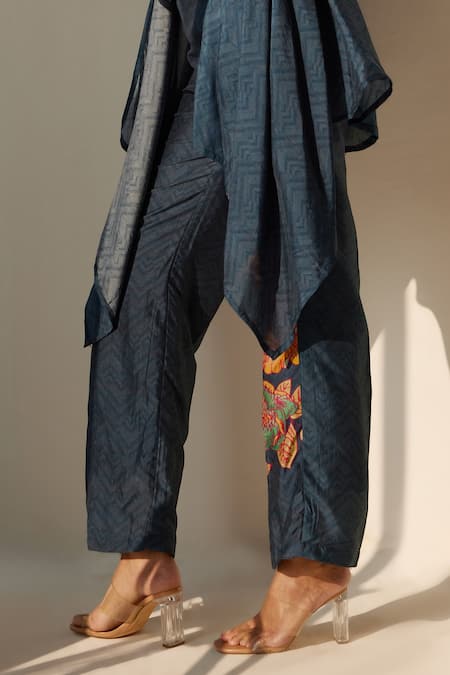 Buy_Koashee By Shubitaa_Blue Silk Embroidery Shawl Neck Printed Floral Pant Set _Online_at_Aza_Fashions
