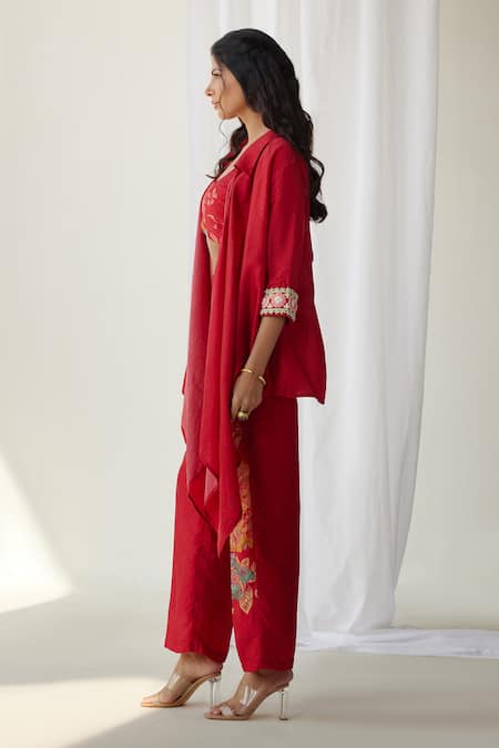 Koashee By Shubitaa Red Silk Embroidery Shawl Neck Floral Printed Co Ord Set Online at Aza Fashions Koashee By Shubitaa_Red Silk Embroidery Shawl Neck Floral Printed Co Ord Set _Online_at_Aza_Fashions