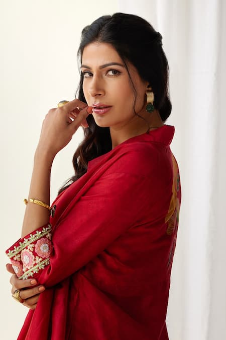 Buy Koashee By Shubitaa Red Silk Embroidery Shawl Neck Floral Printed Co Ord Set Online at Aza Fashions Buy_Koashee By Shubitaa_Red Silk Embroidery Shawl Neck Floral Printed Co Ord Set _Online_at_Aza_Fashions