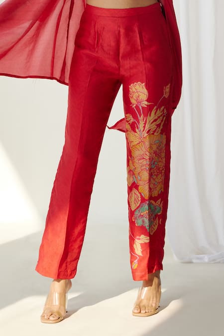 Koashee By Shubitaa Red Silk Embroidery Shawl Neck Floral Printed Co Ord Set at Aza Fashions Koashee By Shubitaa_Red Silk Embroidery Shawl Neck Floral Printed Co Ord Set _at_Aza_Fashions