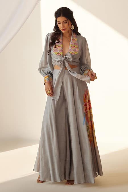 Koashee By Shubitaa_Grey Silk Embroidery Shawl Neck Front Tie Top And Palazzo Set _Online_at_Aza_Fashions