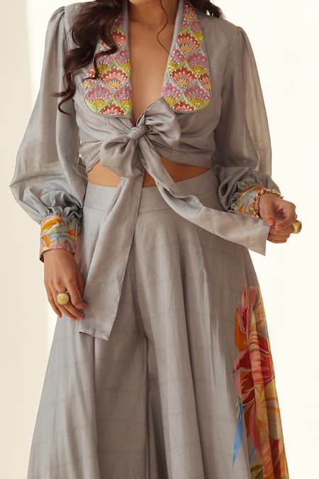 Buy_Koashee By Shubitaa_Grey Silk Embroidery Shawl Neck Front Tie Top And Palazzo Set _Online_at_Aza_Fashions