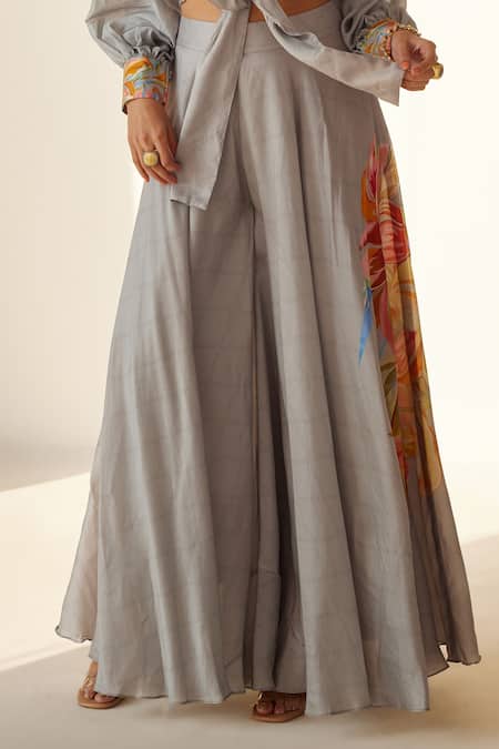 Koashee By Shubitaa_Grey Silk Embroidery Shawl Neck Front Tie Top And Palazzo Set _at_Aza_Fashions