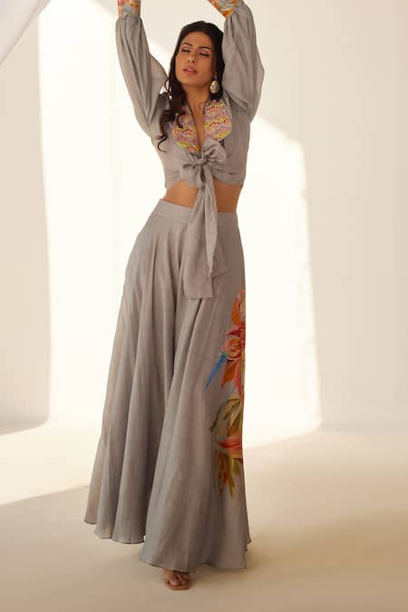 Shop_Koashee By Shubitaa_Grey Silk Embroidery Shawl Neck Front Tie Top And Palazzo Set _Online_at_Aza_Fashions
