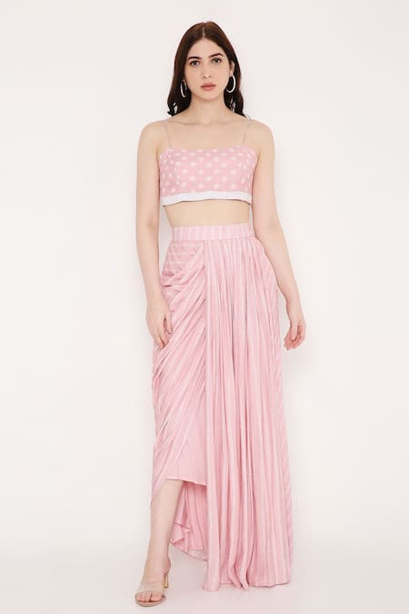 Bha Sha_Pink Muslin, Linen Sequins, Beads Square Triya Printed Kaftan And Draped Skirt Set _Online_at_Aza_Fashions