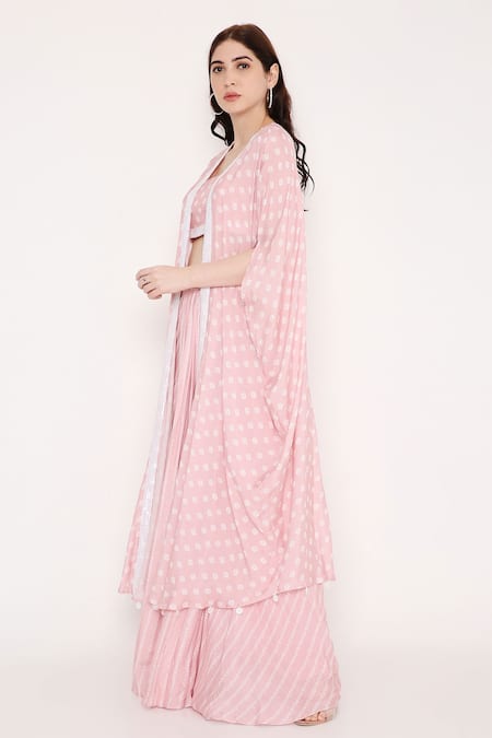 Buy_Bha Sha_Pink Muslin, Linen Sequins, Beads Square Triya Printed Kaftan And Draped Skirt Set _Online_at_Aza_Fashions