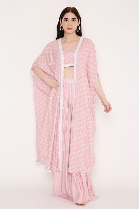 Shop_Bha Sha_Pink Muslin, Linen Sequins, Beads Square Triya Printed Kaftan And Draped Skirt Set _Online_at_Aza_Fashions