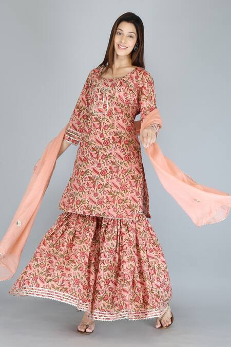 Shop_Kalakaari By Sagarika_Peach Pure Cotton Printed Floral Sharara_Online_at_Aza_Fashions