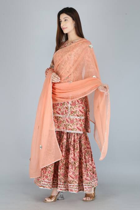 Shop_Kalakaari By Sagarika_Peach Cotton Embroidery Floral Print Kurta Sharara Set For Kids_Online_at_Aza_Fashions