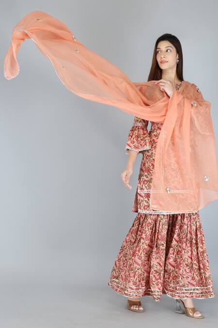 Kalakaari By Sagarika_Peach Cotton Embroidery Floral Print Kurta Sharara Set For Kids_at_Aza_Fashions