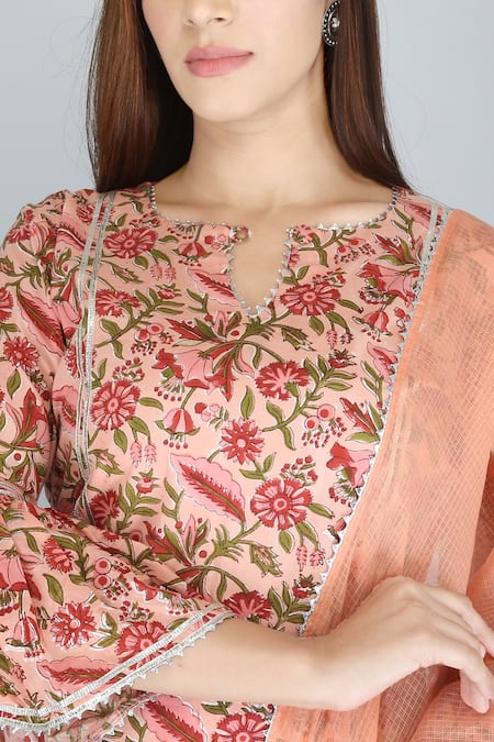 Kalakaari By Sagarika_Peach Cotton Embroidery Split V-neck Floral Print Kurta And Sharara Set _at_Aza_Fashions
