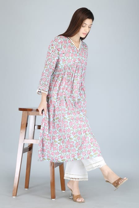 Shop_Kalakaari By Sagarika_Blue Cotton Lace Garden Print Anarkali And Palazzo Set