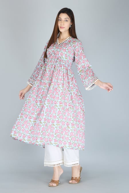 Buy_Kalakaari By Sagarika_Blue Cotton Lace Garden Print Anarkali And Palazzo Set_Online_at_Aza_Fashions
