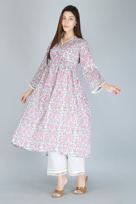 Shop_Kalakaari By Sagarika_Blue Cotton Lace Garden Print Anarkali And Palazzo Set_Online_at_Aza_Fashions