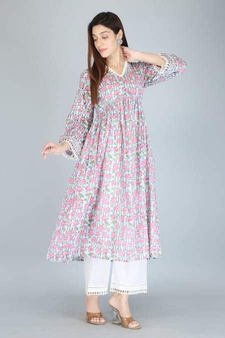 Kalakaari By Sagarika_Blue Cotton Lace Garden Print Anarkali And Palazzo Set_at_Aza_Fashions