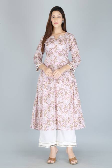 Kalakaari By Sagarika_Pink Cotton Lace Split V-neck Bouquet Print Anarkali And Palazzo Set _Online_at_Aza_Fashions
