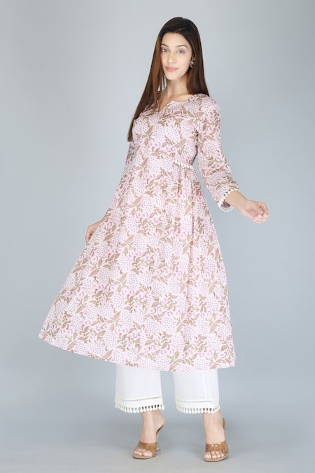 Buy_Kalakaari By Sagarika_Pink Cotton Lace Split V-neck Bouquet Print Anarkali And Palazzo Set _Online_at_Aza_Fashions
