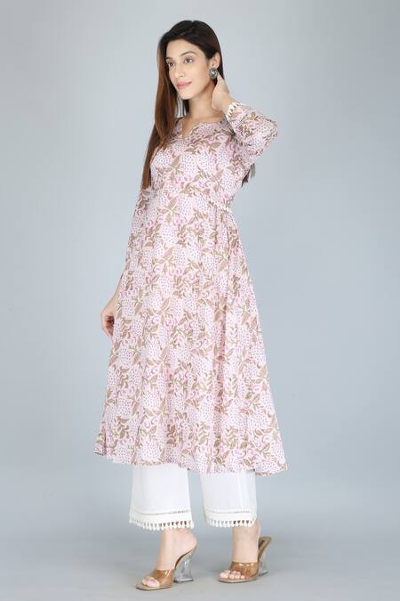 Shop_Kalakaari By Sagarika_Pink Cotton Lace Split V-neck Bouquet Print Anarkali And Palazzo Set _Online_at_Aza_Fashions