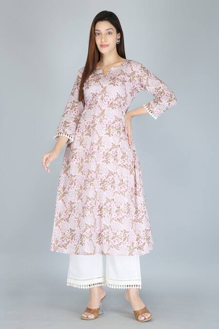 Kalakaari By Sagarika_Pink Cotton Lace Split V-neck Bouquet Print Anarkali And Palazzo Set _at_Aza_Fashions