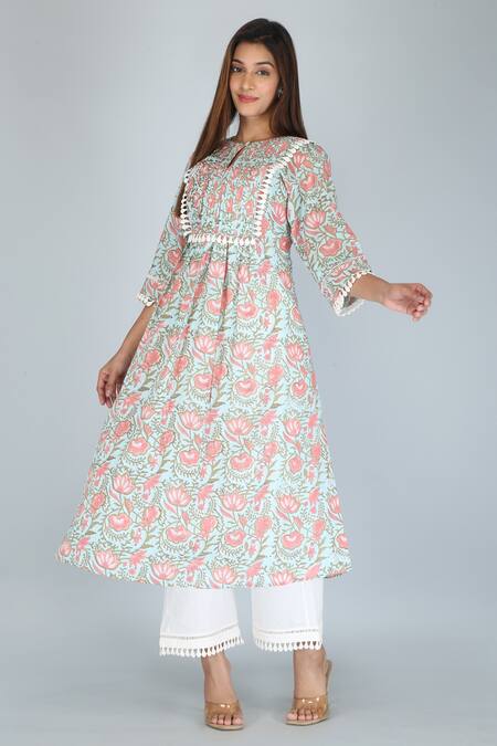 Kalakaari By Sagarika_Green Cotton Lace Keyhole Neck Flower Print Kurta And Palazzo Set _Online_at_Aza_Fashions
