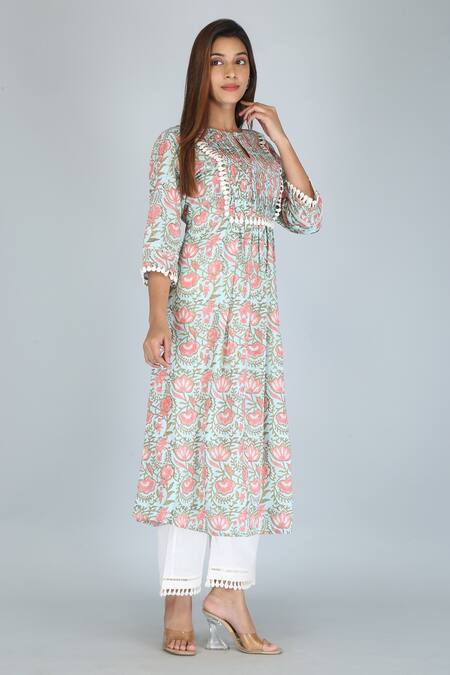 Buy_Kalakaari By Sagarika_Green Cotton Lace Keyhole Neck Flower Print Kurta And Palazzo Set _Online_at_Aza_Fashions