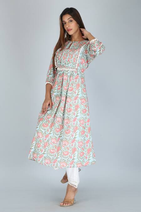 Shop_Kalakaari By Sagarika_Green Cotton Lace Keyhole Neck Flower Print Kurta And Palazzo Set _Online_at_Aza_Fashions