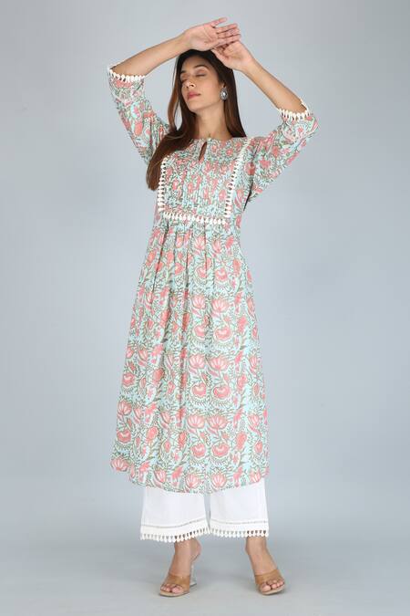 Kalakaari By Sagarika_Green Cotton Lace Keyhole Neck Flower Print Kurta And Palazzo Set _at_Aza_Fashions
