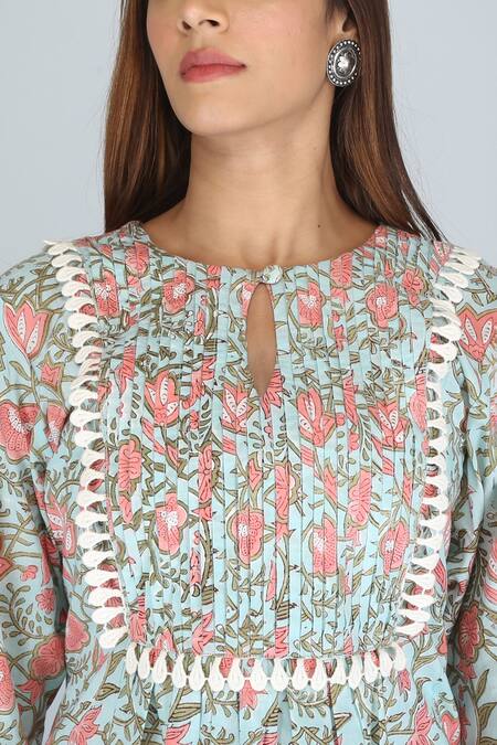 Buy_Kalakaari By Sagarika_Green Cotton Lace Keyhole Neck Flower Print Kurta And Palazzo Set 