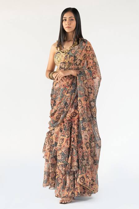 Nikita Vishakha Multi Color Georgette, Printed Silk Floral Pre-draped Skirt Saree With Blouse Online at Aza Fashions Nikita Vishakha_Multi Color Georgette, Printed Silk Floral Pre-draped Skirt Saree With Blouse_Online_at_Aza_Fashions